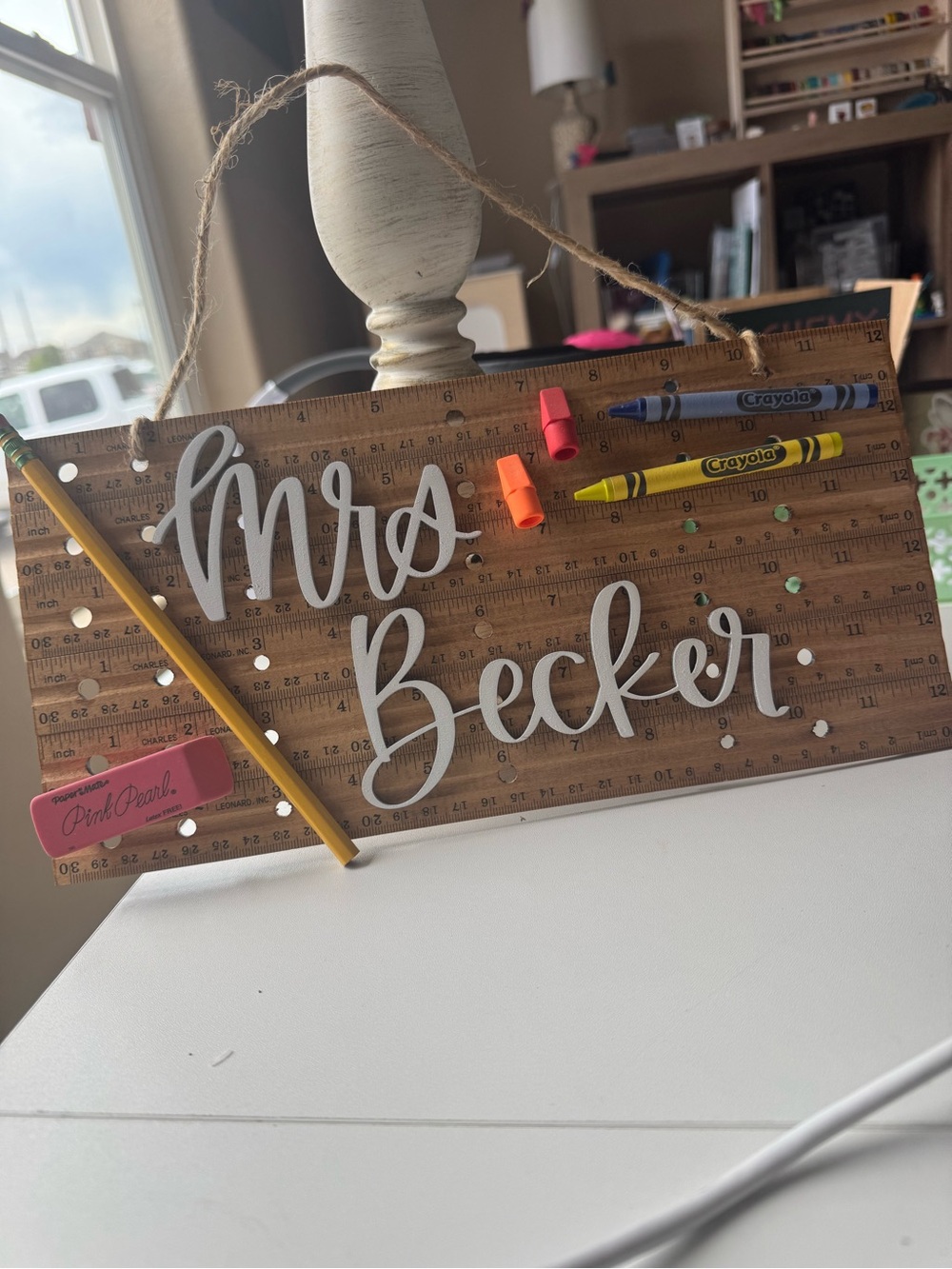 Personalized 'Mrs Becker' Wooden Desk Sign – Brown and White
